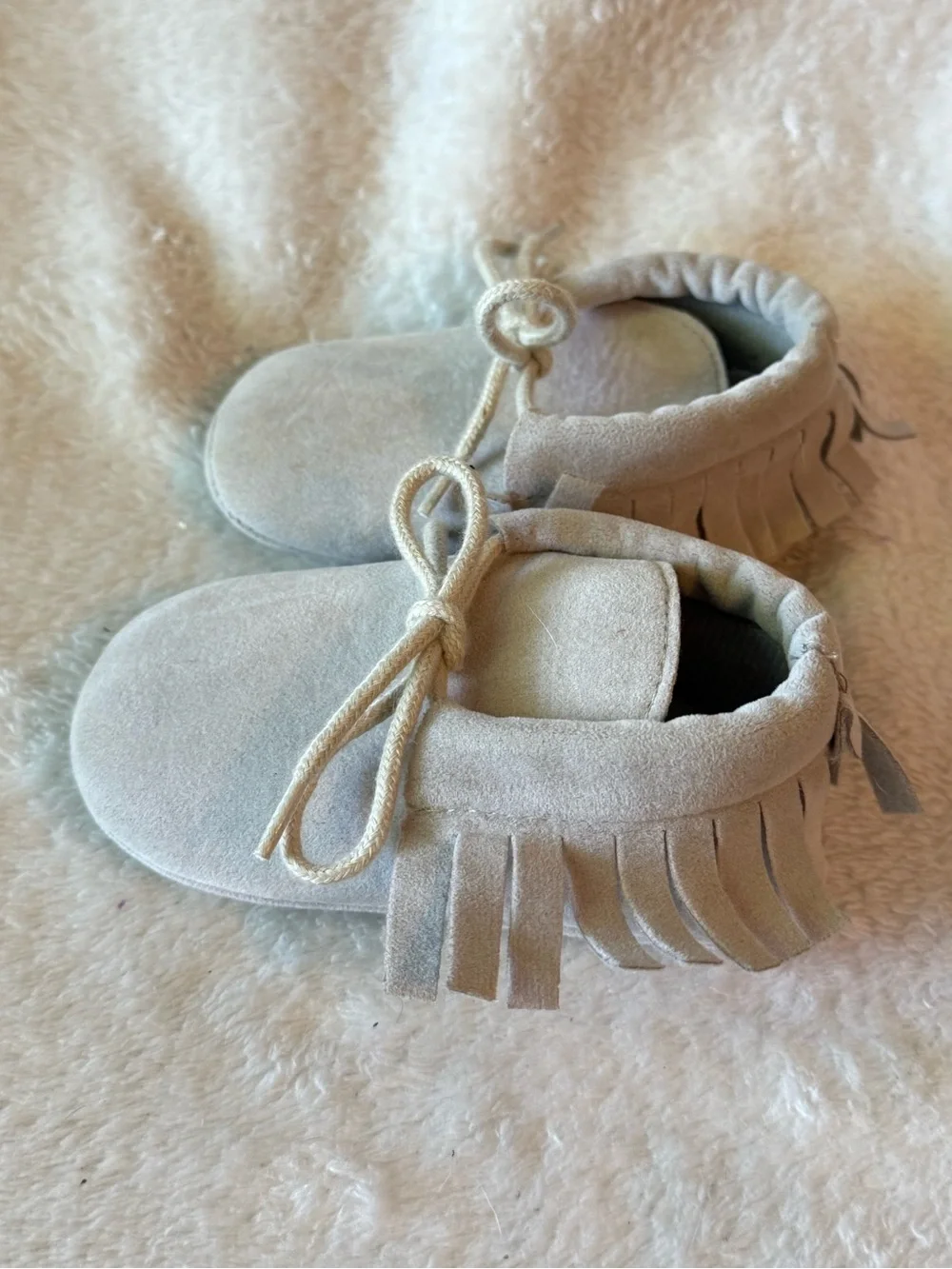 Soft Cream Moccasin Baby Shoes with Fringe Tie